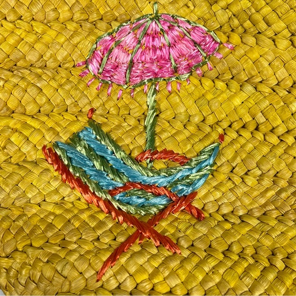 Woven Tote Beach Bag Large Bow Tie Embroidery Polka Dot Lined Yellow NWT Boho - Picture 2 of 13